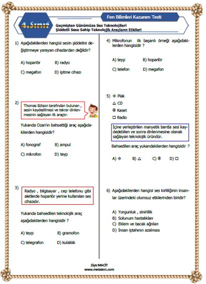 4. Sınıf Fen Bilimleri Ses  Kazanım Testi