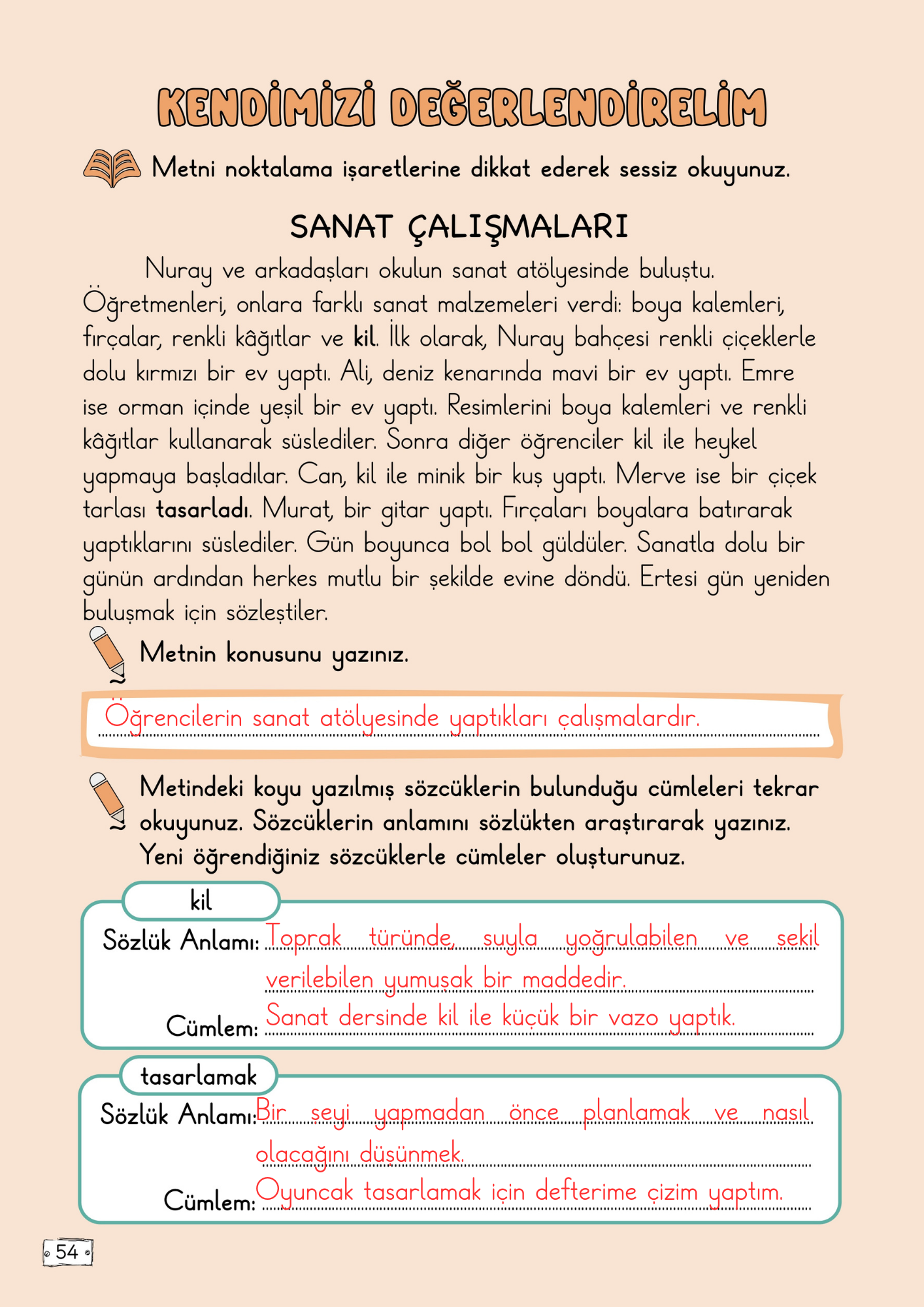 2. Sınıf Türkçe Meb Yayınları 5. Tema (Yeteneklerimizi Tanıyoruz) Değerlendirme Soruları Cevapları
