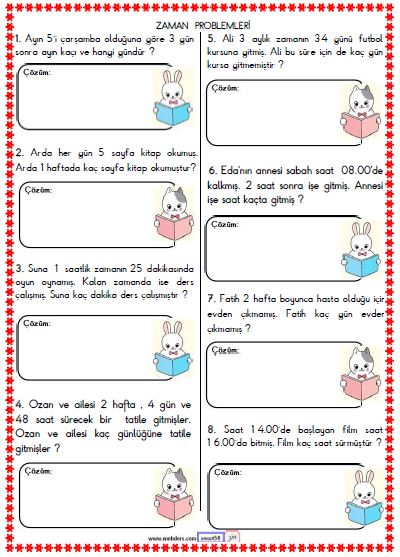 2. Sınıf Matematik Zaman Problemleri Etkinliği 1