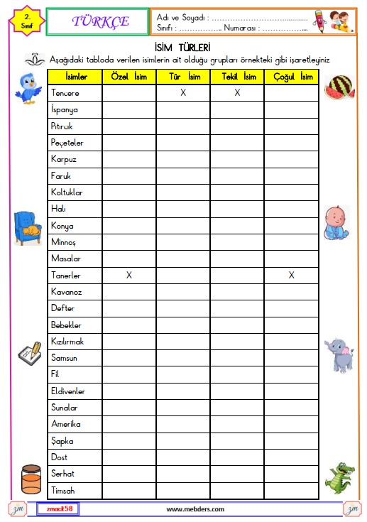 2. Sınıf Türkçe Özel İsim , Tür İsmi ,  Tekil İsim , Çoğul İsim Etkinliği
