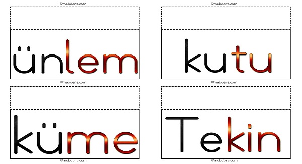 İpe asmak için 2.grup harflerle resimsiz ses, hece ve sözcük kartları