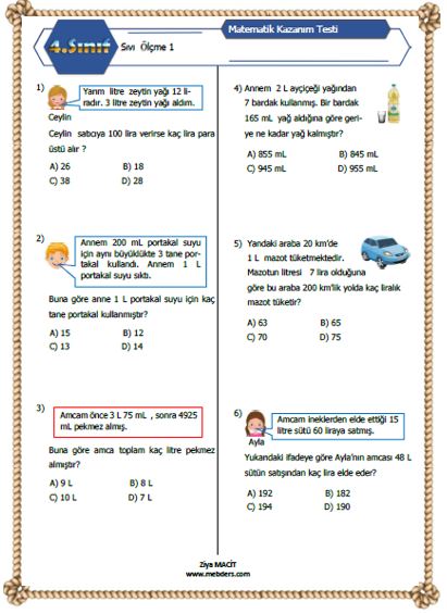 4. Sınıf Matematik Sıvı Ölçme Kazanım Testi 2