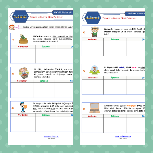 4. Sınıf Matematik - Toplama ve Çıkarma İşlemi Problemleri Etkinliği