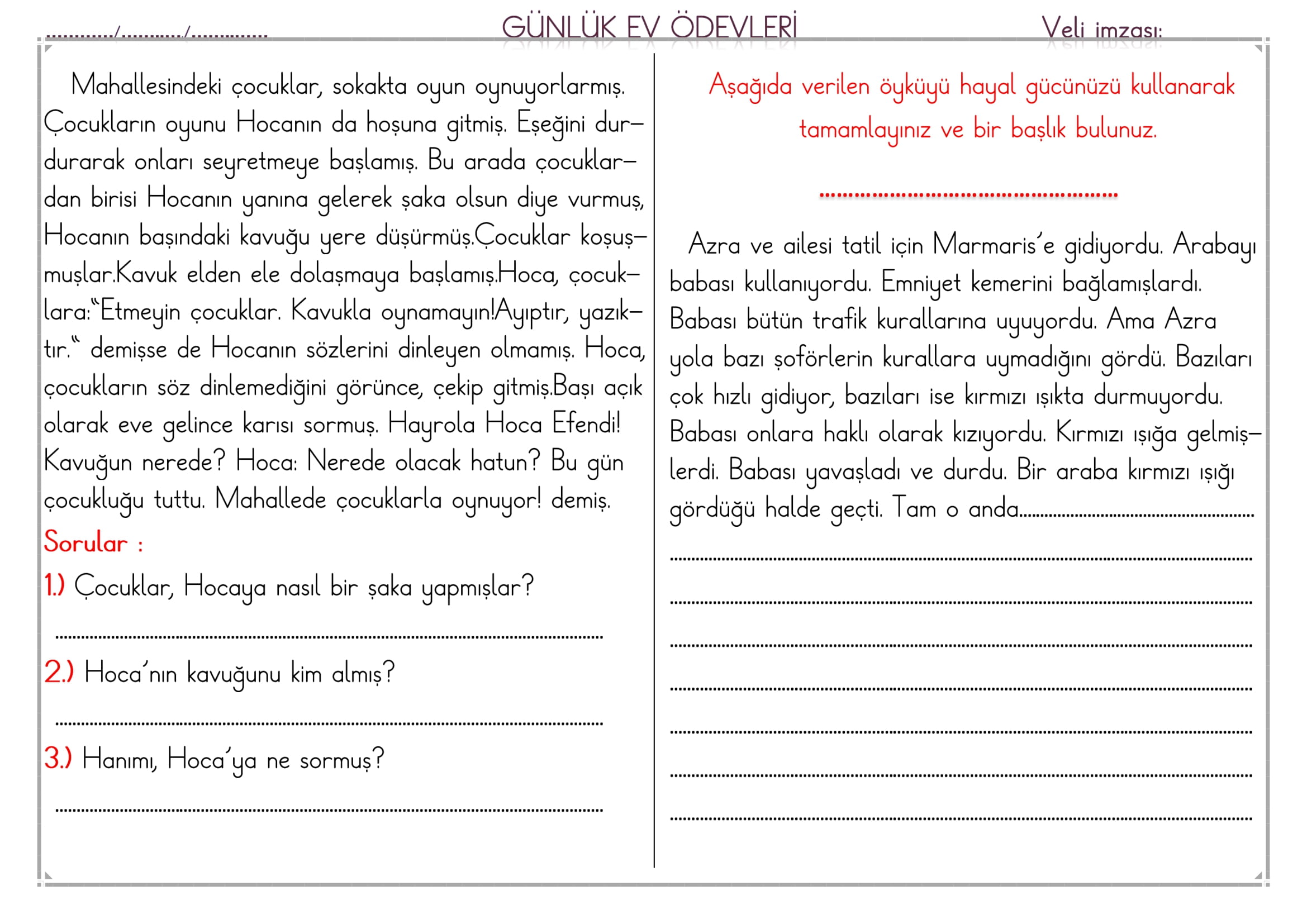 1.Sınıf 15 Nisan 2025 Günlük Ev Ödevi