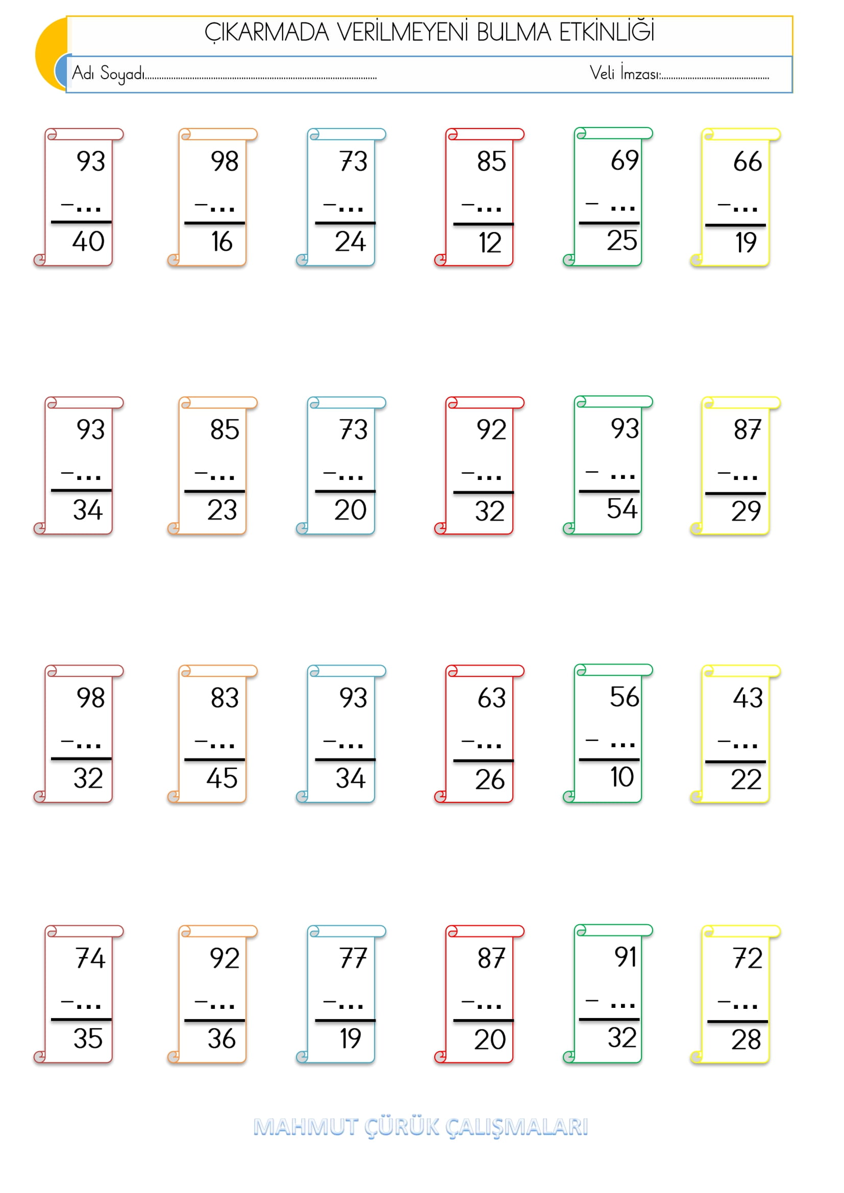 2.Sınıf - Matematik - Çıkarmada Verilmeyeni Bulma Etkinliği-1