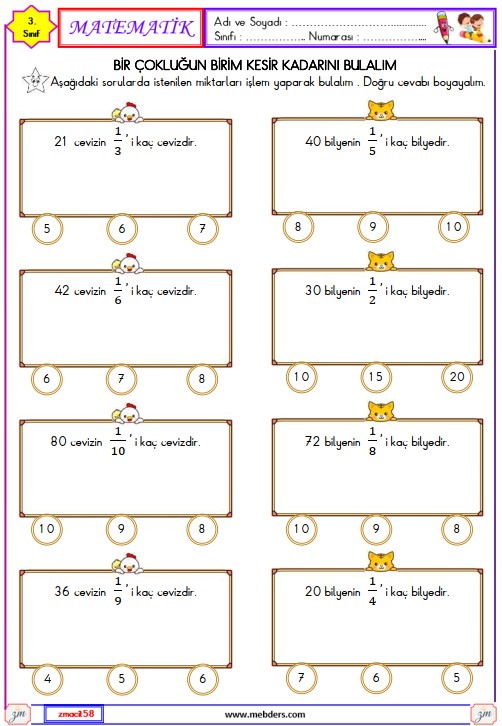 3. Sınıf Matematik Kesirler Etkinliği 12