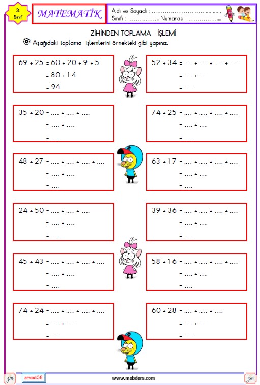 3. Sınıf Matematik Zihinden Toplama İşlemi Etkinliği 1