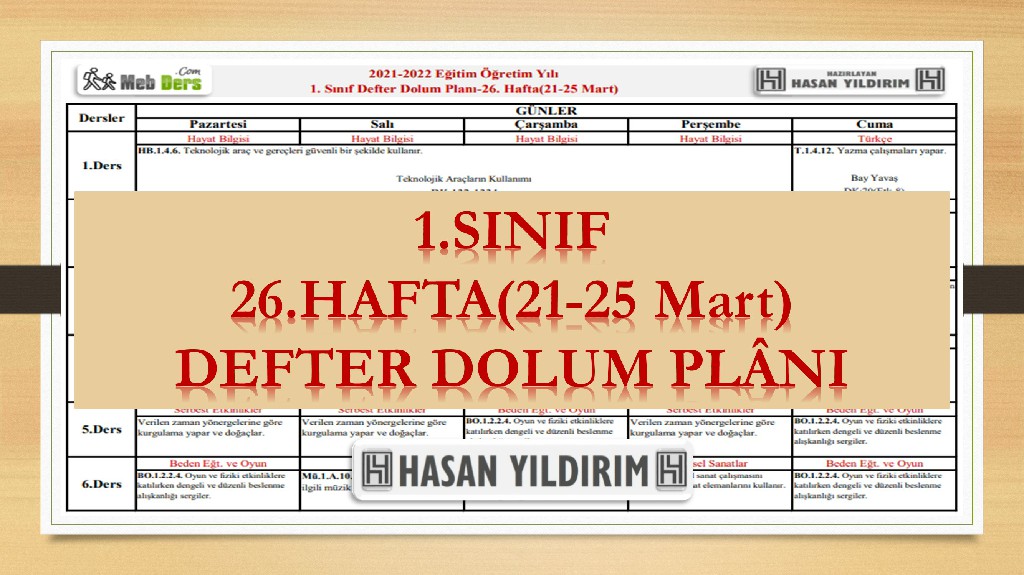 1.Sınıf 26.Hafta(21-25 Mart) Defter Dolum Planı