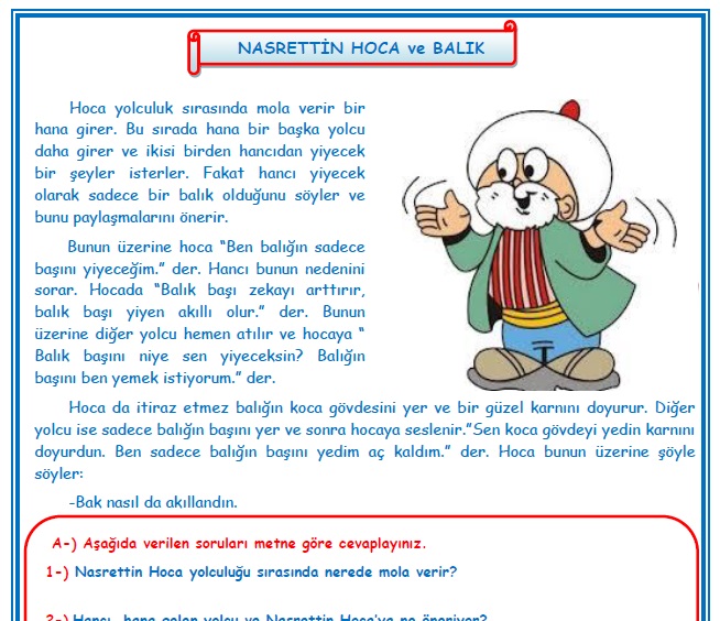 2.Sınıf Türkçe Nasrettin Hoca ve Balık Okuma Anlama Metin Çalışması