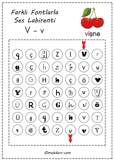 Farklı fontlarla ses labirenti - v sesi