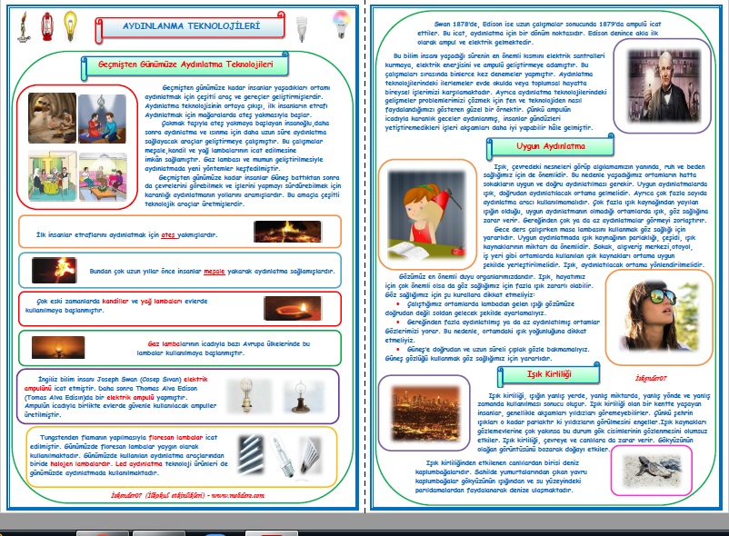 4.Sınıf Fen Bilimleri Geçmişten Günümüze Aydınlatma Teknolojileri Konu Anlatımı ve Etkinlik Çalışması (4 Sayfa)