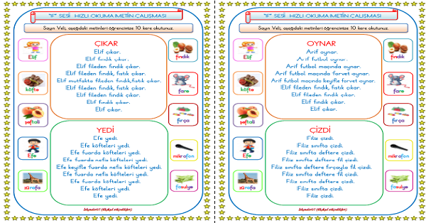1. Sınıf İlk Okuma Yazma F-f Sesi Hızlı Okuma Metin Çalışması