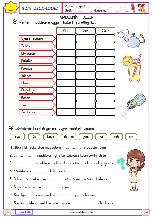 3. Sınıf Fen Bilimleri Maddenin Halleri Etkinliği 2