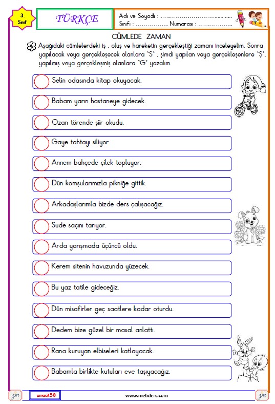 3. Sınıf Türkçe Cümlede Zaman Etkinliği 2