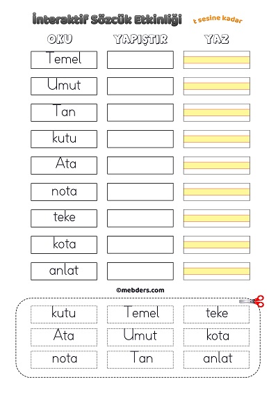 İnteraktif Sözcük Etkinliği - T Sesine Kadar