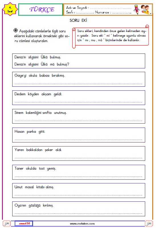 4. Sınıf Türkçe Soru Eki Etkinliği
