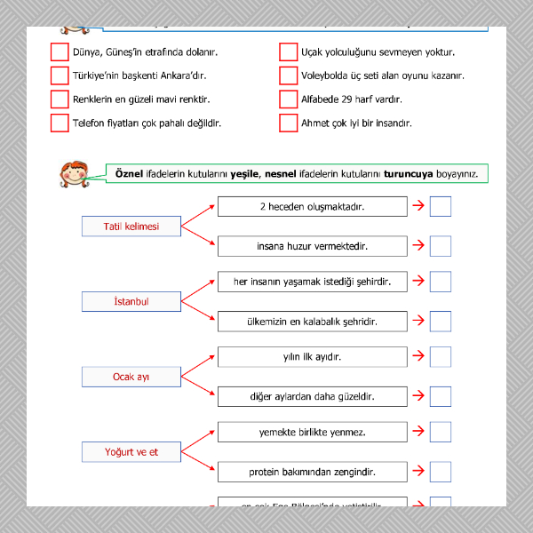 4. Sınıf Türkçe - Nesnel ve Öznel Cümleler Etkinliği