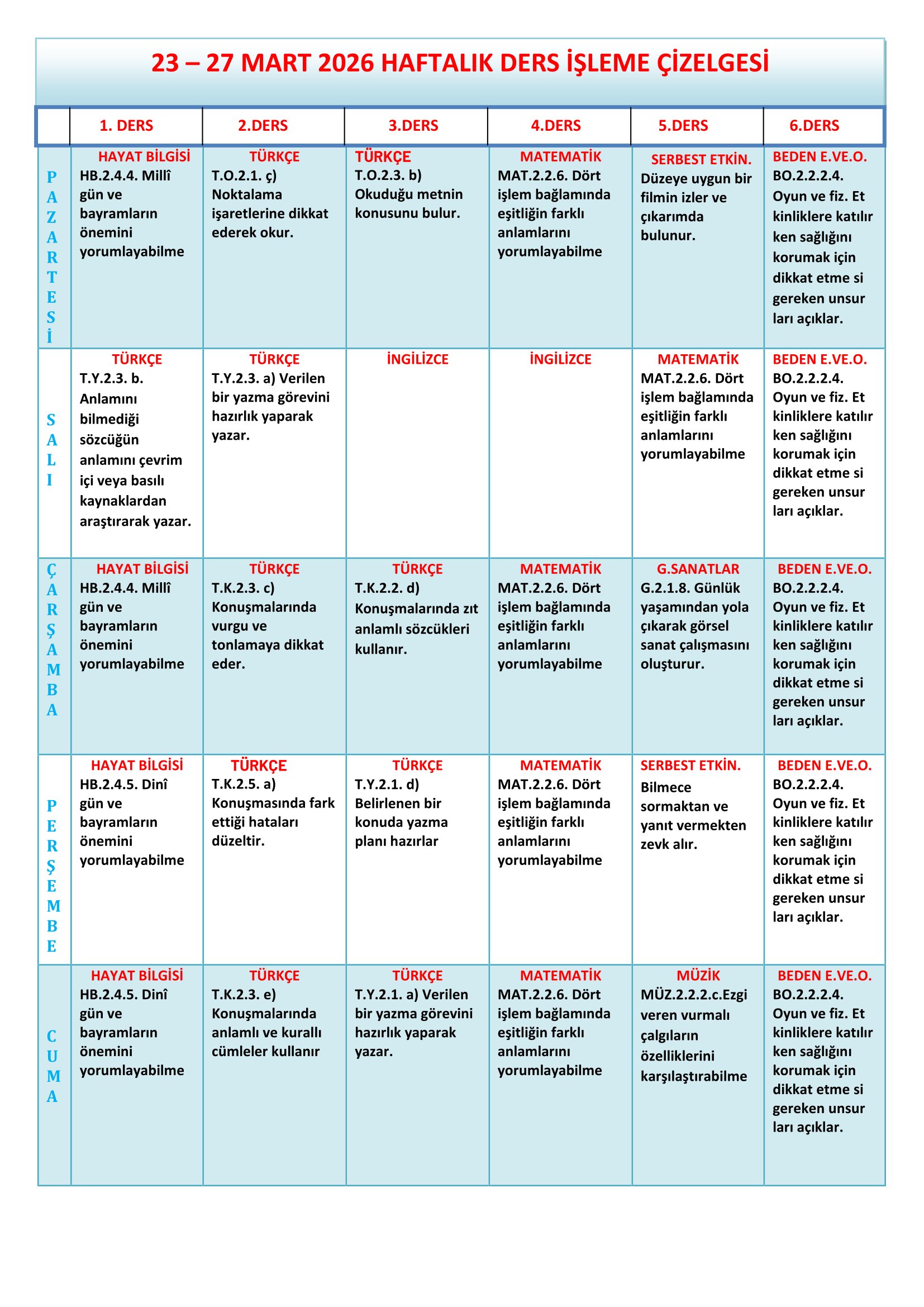 2.Sınıf 23 - 27 Mart 2026 Haftalık Ders İşleme Çizelgesi.doc