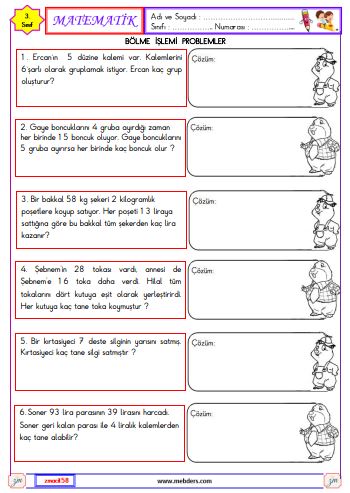 3. Sınıf Matematik Bölme İşlemi Problemleri Etkinliği 5