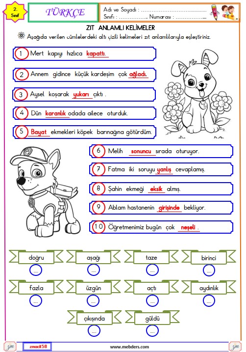 2. Sınıf Türkçe Zıt Anlamlı Kelimeler Etkinliği 3