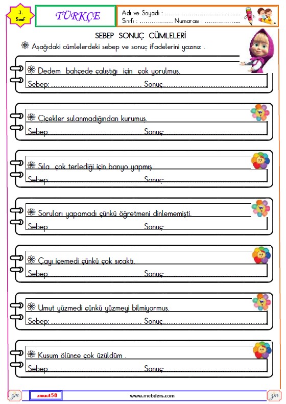 3. Sınıf Türkçe Sebep Sonuç Cümleleri Etkinliği