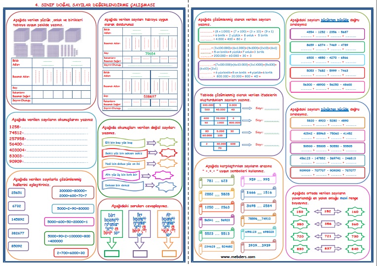 4.Sınıf Matematik Doğal Sayılar Değerlendirme Çalışması  (4 SAYFA)