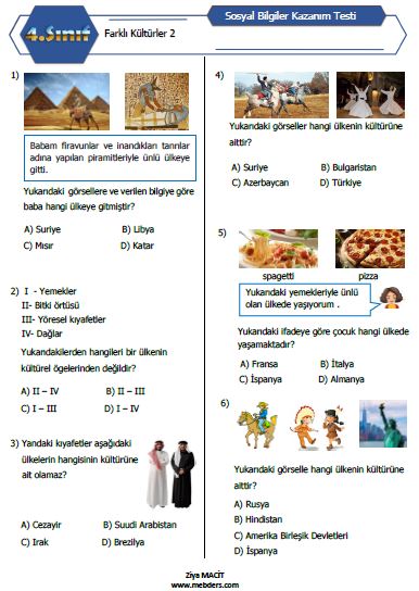 4.Sınıf Sosyal Bilgiler Farklı Kültürler Kazanım Testi 2