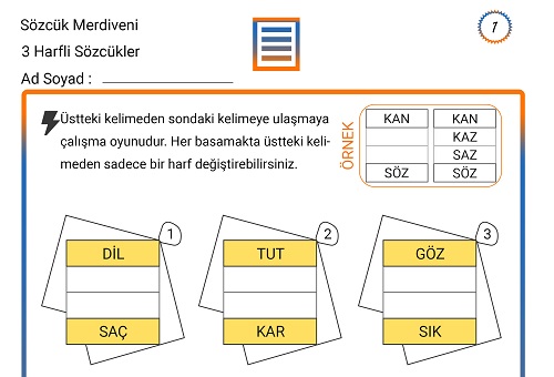 Sözcük Merdiveni Zeka Etkinliği 1 (3 Harfli Sözcükler)