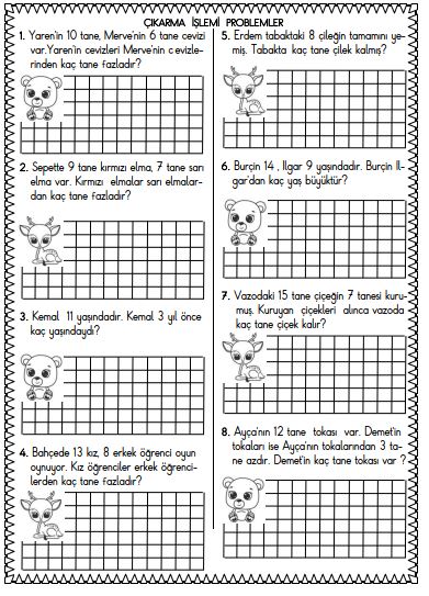 1. Sınıf Matematik Çıkarma İşlemi Problemleri Etkinliği 7