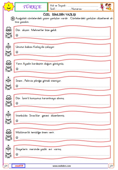 3. Sınıf Türkçe Özel İsimlerin Yazılışı Etkinliği 6