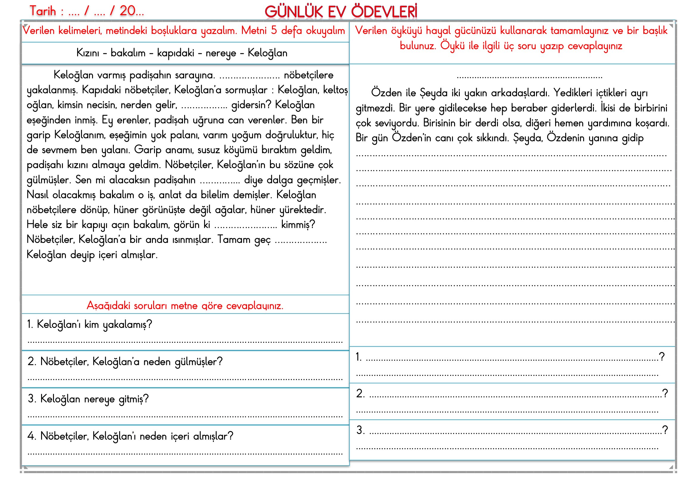 2.Sınıf - 03 Nisan 2026 Günlük Ev Ödevleri