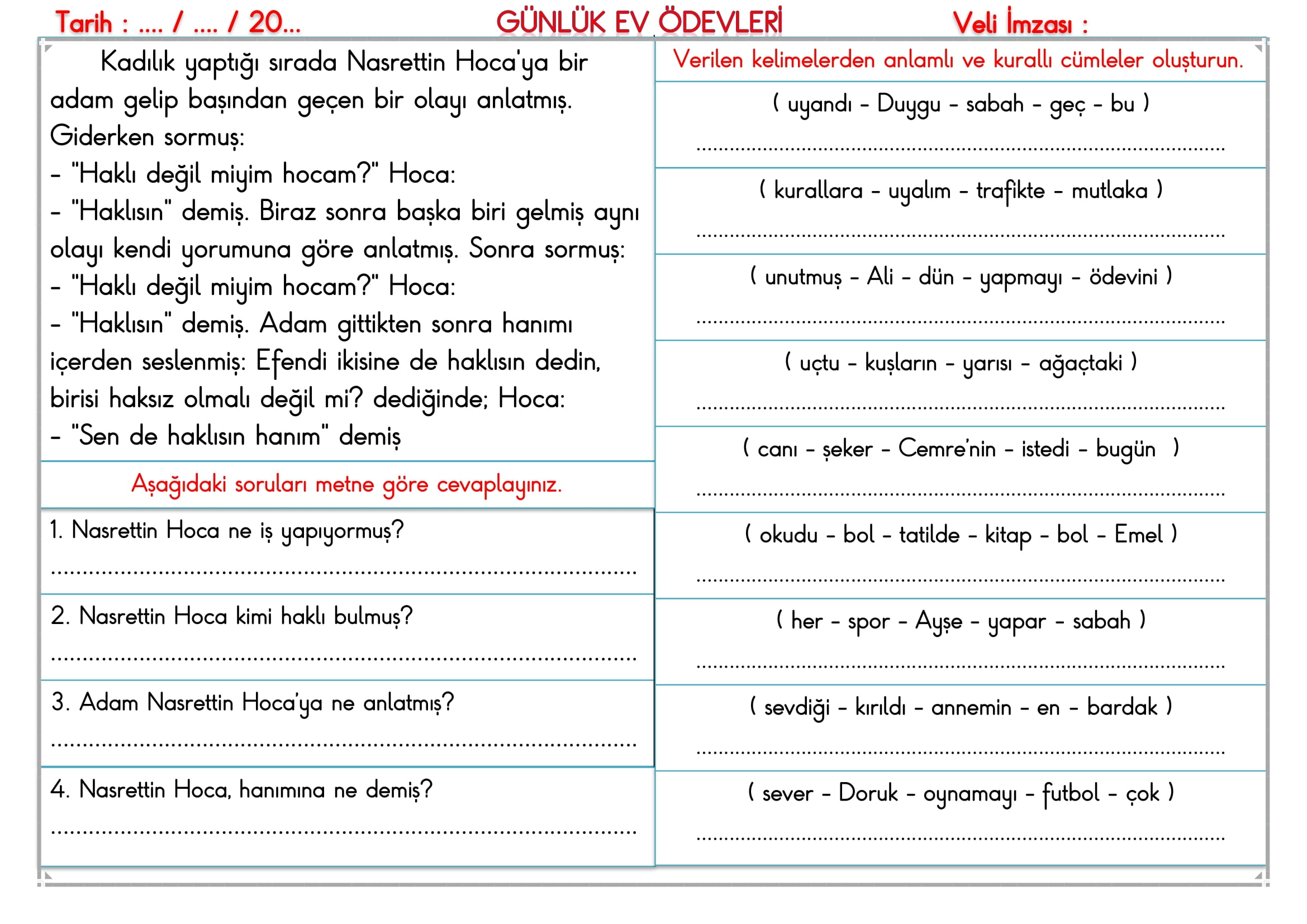 2.Sınıf - 10 Eylül 2025 Günlük Ev Ödevleri