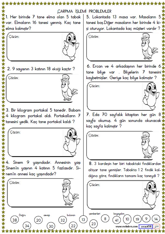 2. Sınıf Matematik Çarpma İşlemi Problemler Etkinliği 12