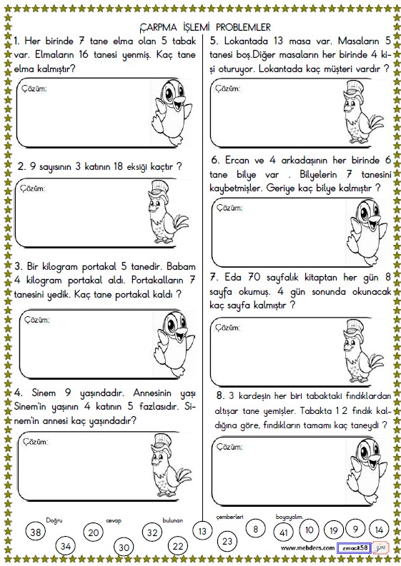 2. Sınıf Matematik Çarpma İşlemi Problemler Etkinliği 12