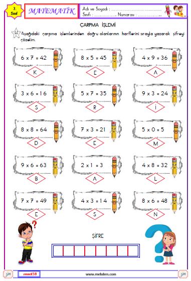 3.Sınıf Matematik Çarpma İşlemi Etkinliği 11