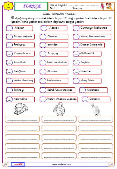 3. Sınıf Türkçe Özel İsimlerin Yazılışı Etkinliği