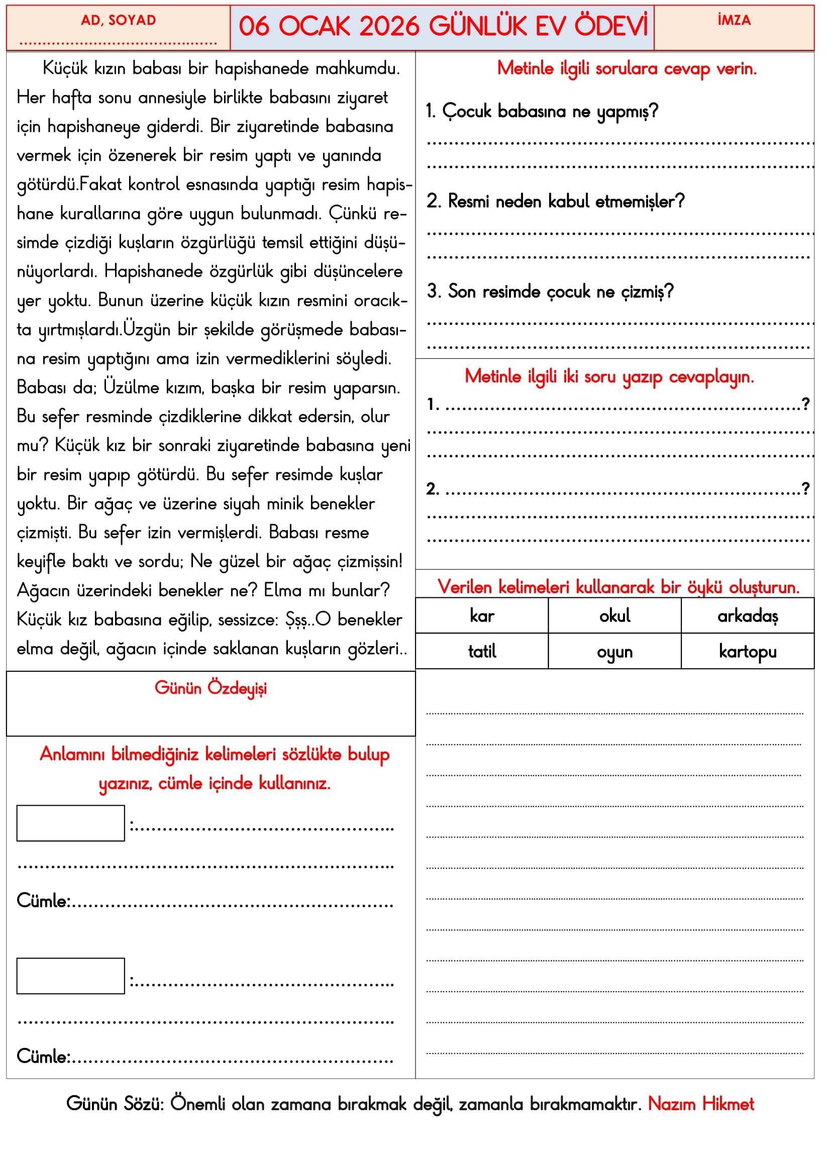 3.Sınıf - 06 Ocak 2026 Günlük Ev Ödevleri