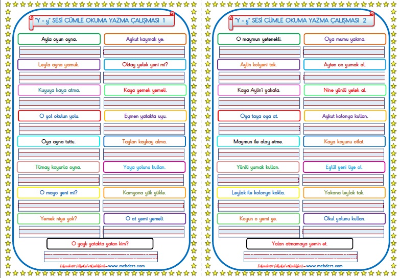 1.Sınıf Y-y Sesi Cümle Okuma Yazma Çalışması  (2 SAYFA)