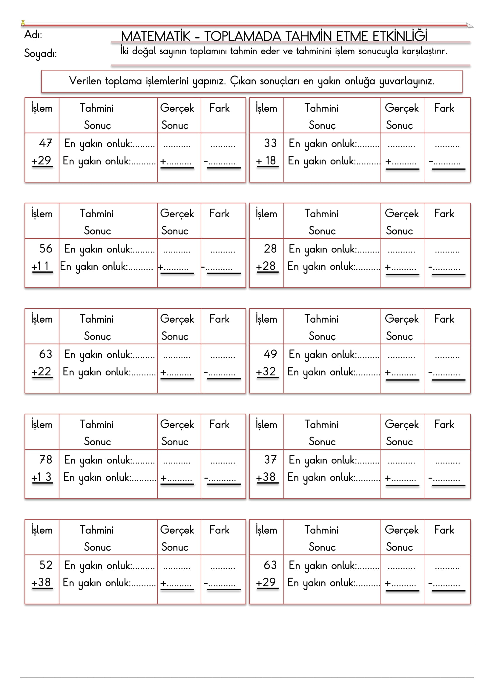 2.Sınıf - Matematik - Toplamada Tahmin Etme Etkinliği