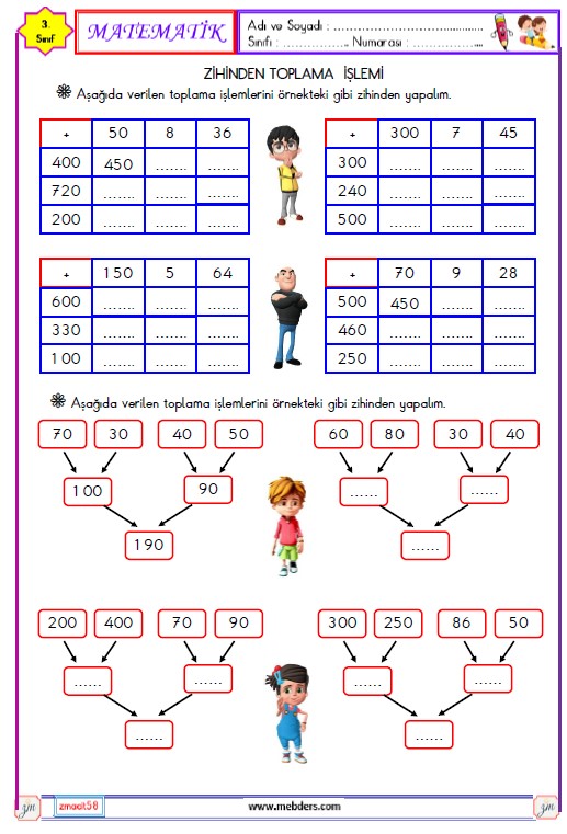 3. Sınıf Matematik Zihinden Toplama İşlemi Etkinliği 3
