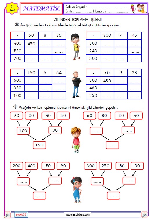 3. Sınıf Matematik Zihinden Toplama İşlemi Etkinliği 3