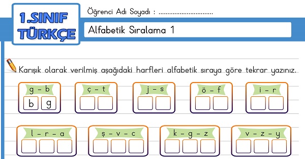 1.Sınıf Türkçe Alfabetik Sıralama Etkinliği 1