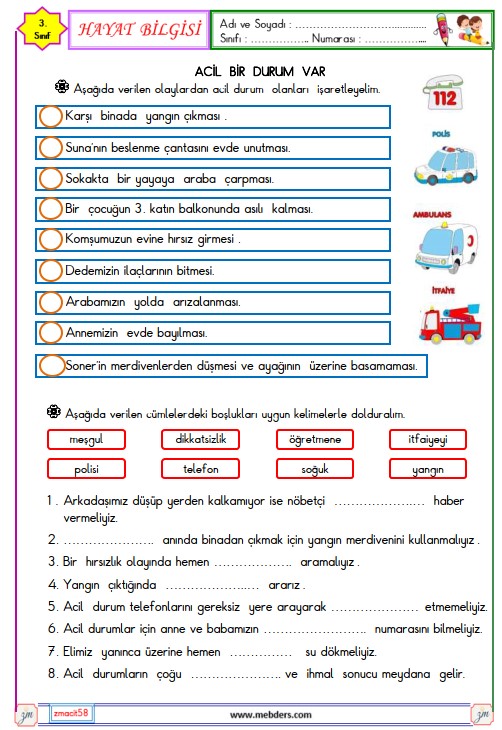 3. Sınıf Hayat Bilgisi Acil Bir Durum Var Etkinliği