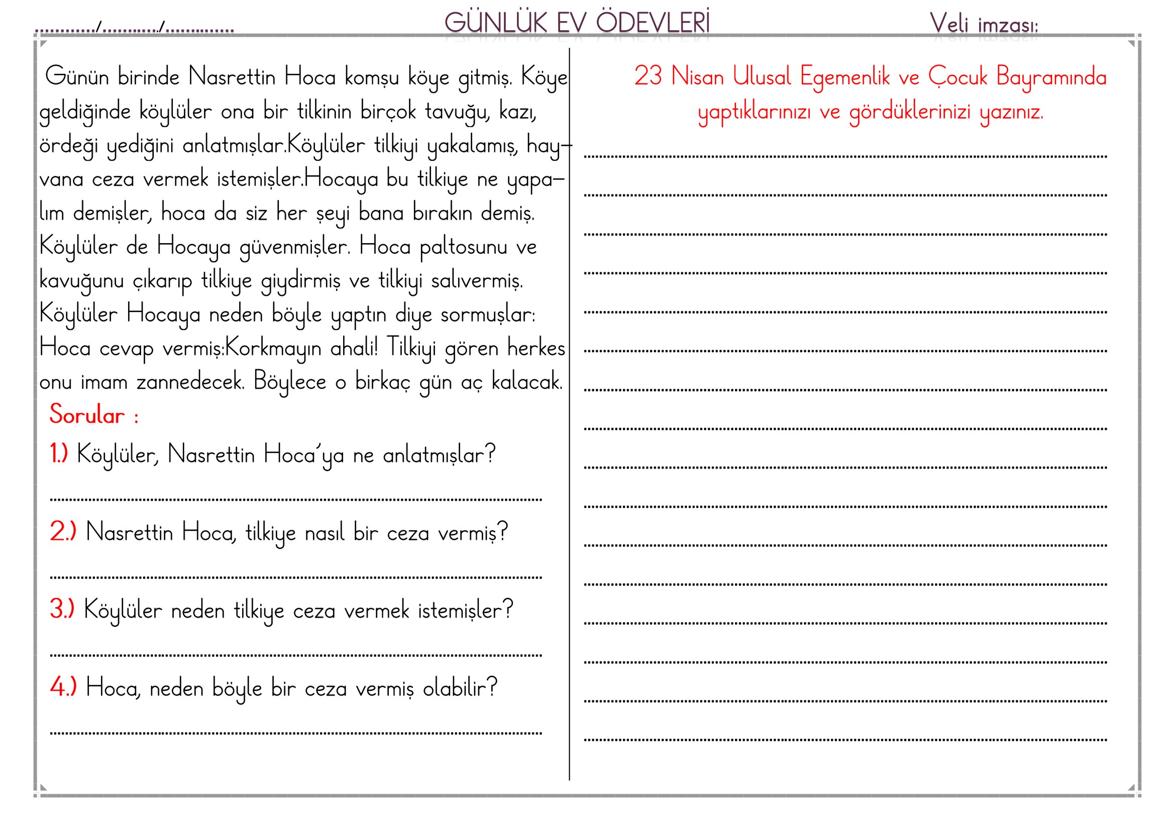 1.Sınıf - 24 Nisan 2026 Günlük Ev Ödevleri