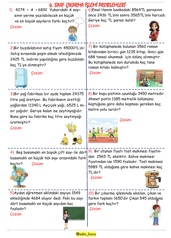 4. Sınıf - Çıkarma İşlemi Problemleri