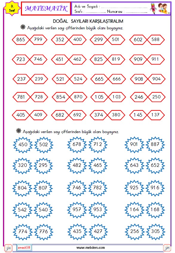 3. Sınıf Matematik Doğal Sayıları Karşılaştırma ve Sıralama Etkinliği 1