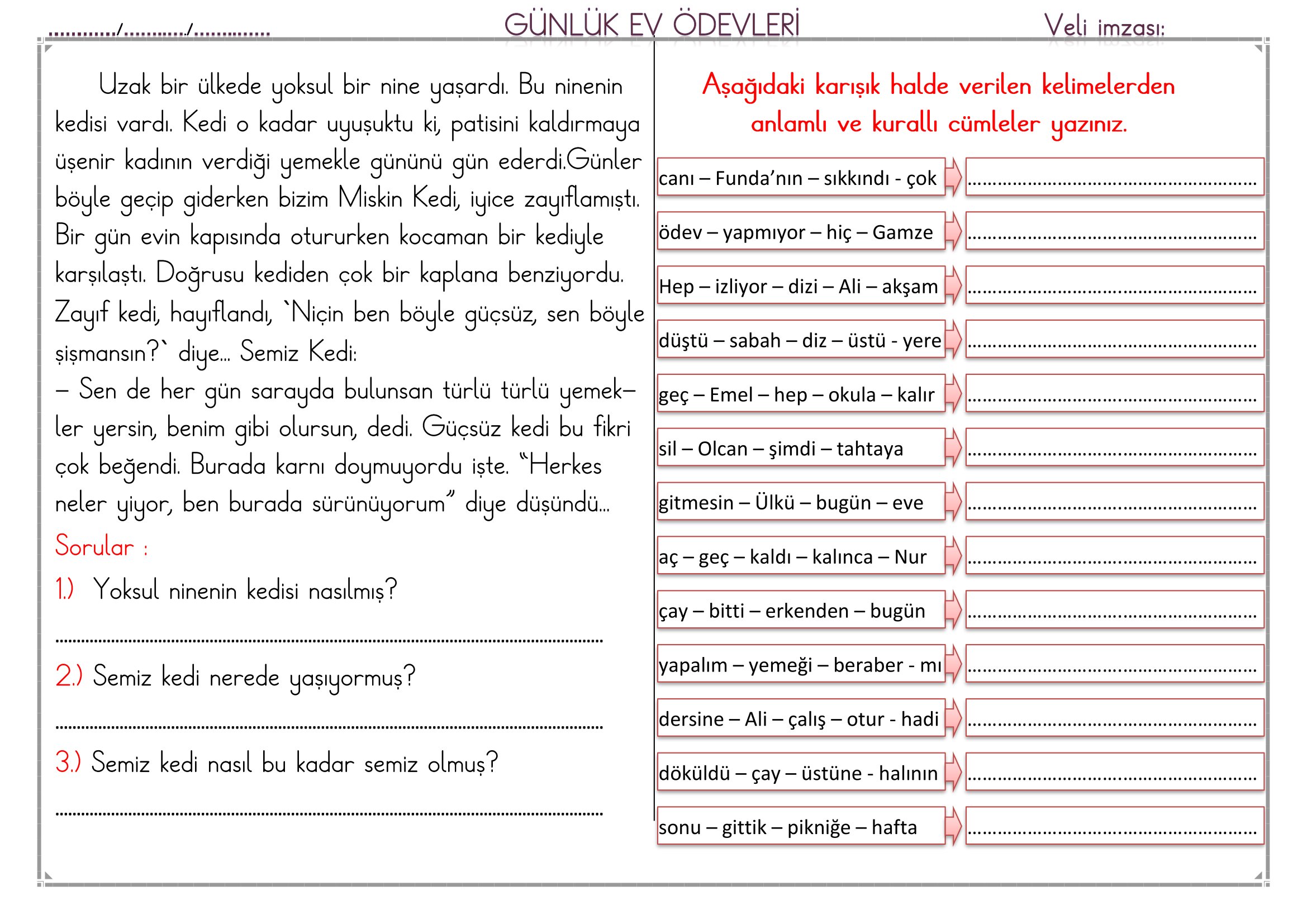1.Sınıf - 25 Şubat 2026 Günlük Ev Ödevleri