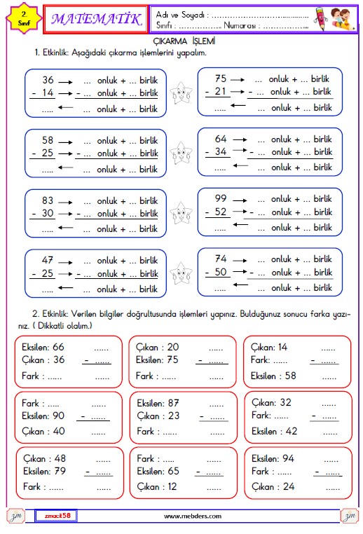 2. Sınıf Matematik Çıkarma İşlemi Etkinliği 1