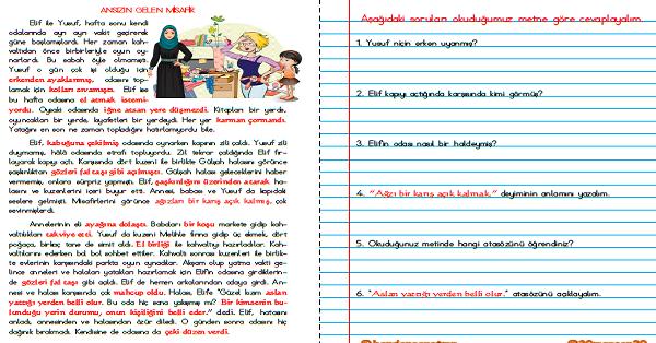 4. Sınıf Türkçe Okuma Anlama  (Ansızın Gelen Misafir Metni) Atasözü ve Deyim İçerikli
