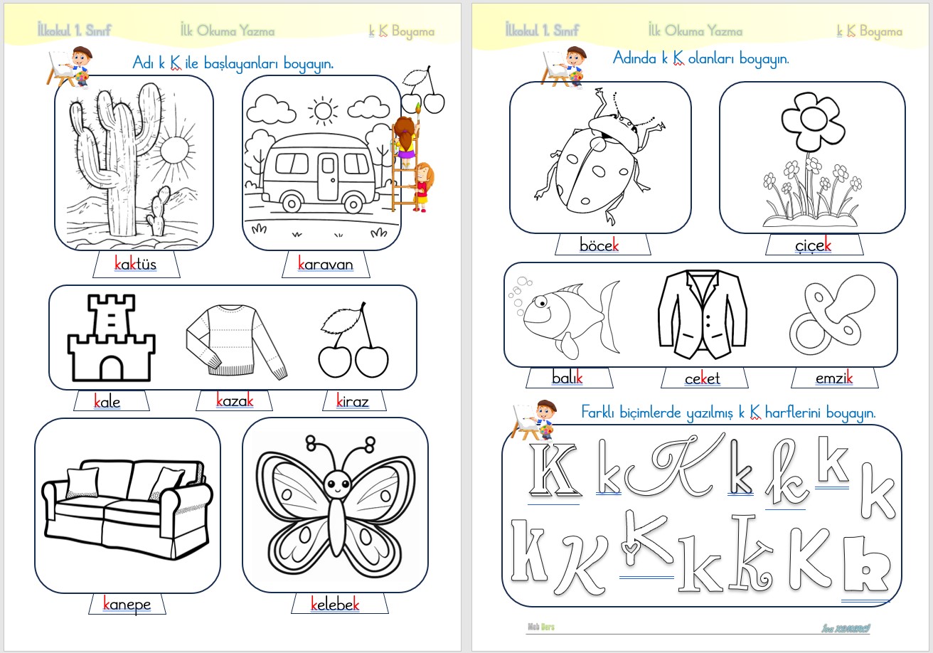 1. Sınıf İlk Okuma Yazma K Sesi BOYAMA